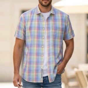 Thomas Dean Shirt Short Sleeves Button Up Cotton Rainbow Pastel Colors Size XL